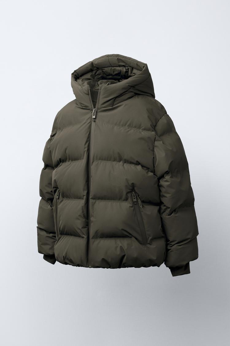 WATER REPELLENT LABEL PUFFER COAT — Brown / Taupe