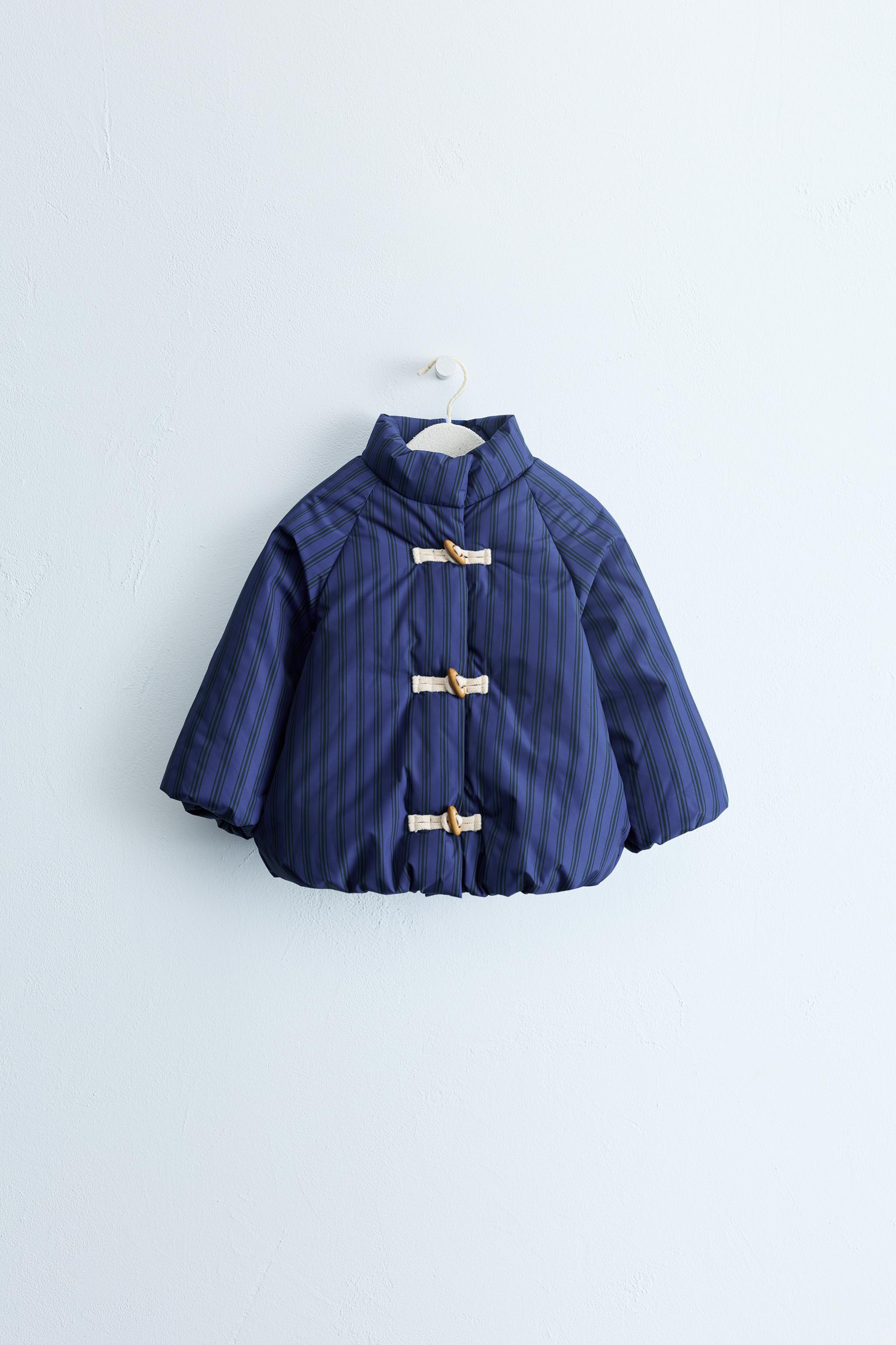 ZARA TIMELESS - STRIPED COAT WITH DETACHABLE HOODIE AND FROG FASTENING — Navy blue