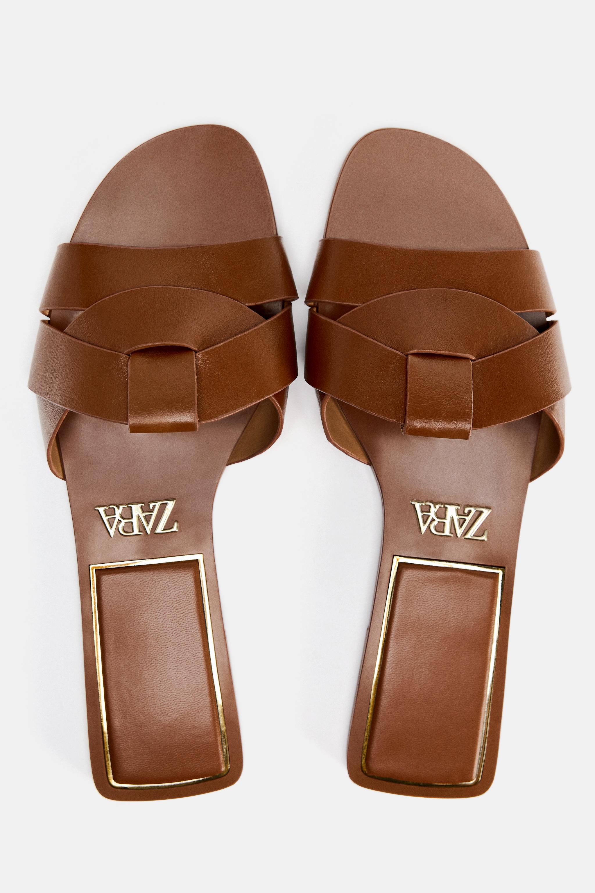 Женские сандалии Zara CROSSED LEATHER FLAT SANDALS — фото 6