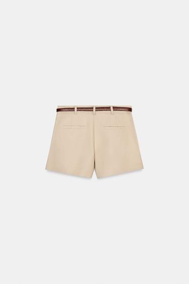 Zara HIGH-WAISTED BELTED SHORTS - Light camel