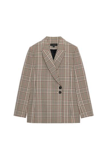 DOUBLE-BREASTED CHECK BLAZER - Ecru / Maroon by Zara