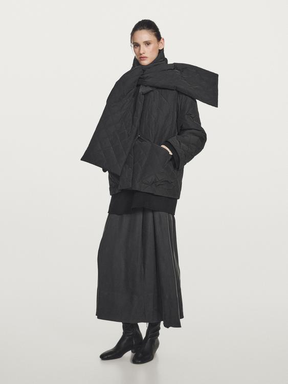 Water-repellent puffer jacket with scarf detail