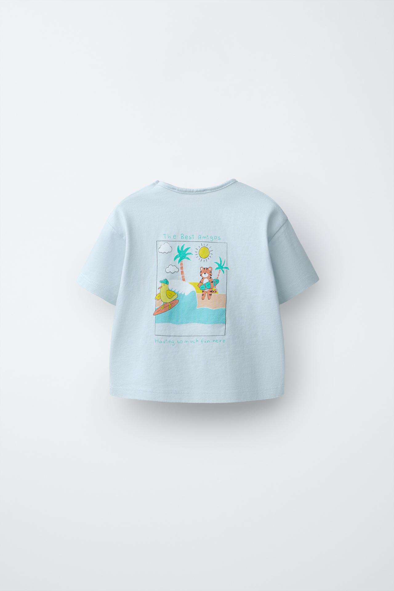 SURF ANIMALS PRINT T-SHIRT — Pastel blue