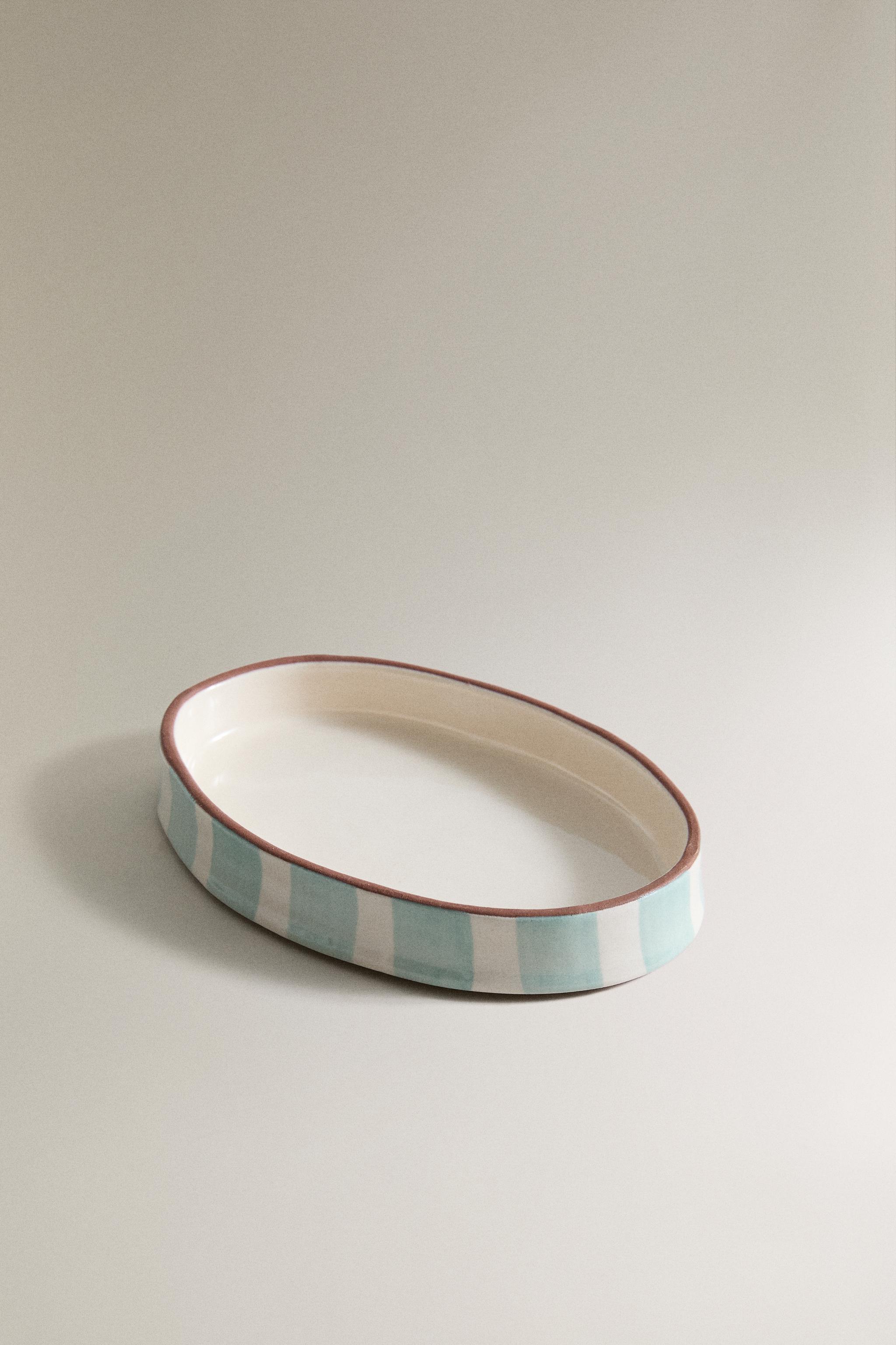 STRIPED CERAMIC BATHROOM SOAP DISH — Blue / White
