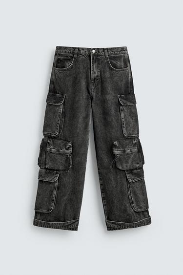 Zara DENIM CARGO PANTS WITH POCKETS - Anthracite grey