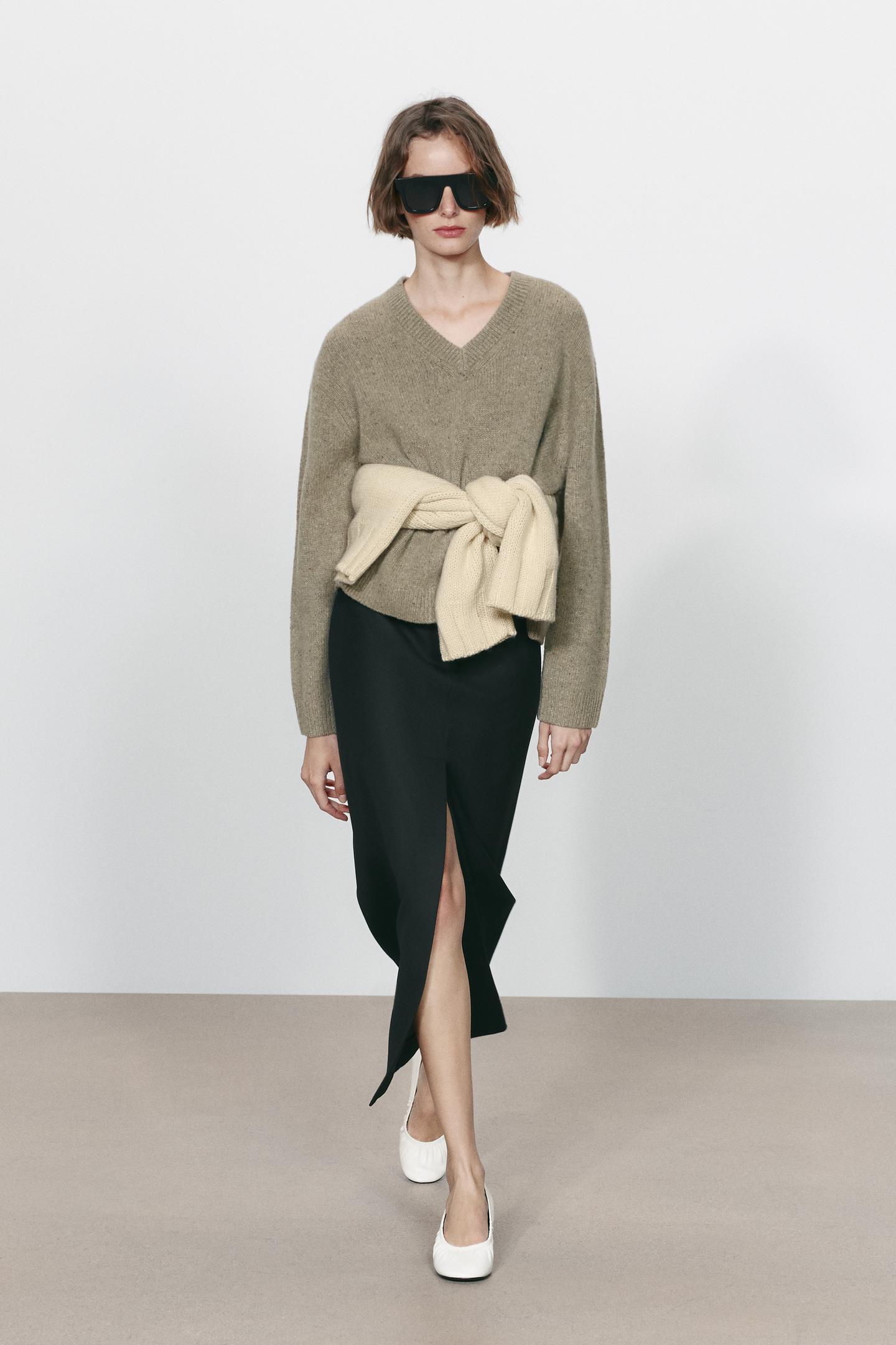 Женский свитер Zara 100% Wool V-NECK, цвет: Матовый зелёный — фото 1