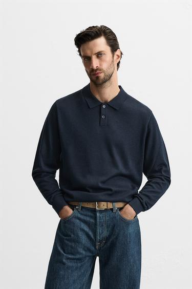 Zara MERINO WOOL KNIT POLO SHIRT - Navy blue