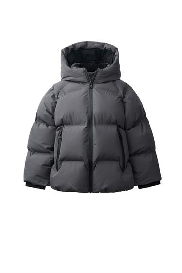 Zara WATER-REPELLENT HOODIE PUFFER COAT - Anthracite grey