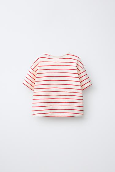 T-SHIRT À RAYURES BRODERIE CRABE - Blanc / Rouge de Zara - Image 1