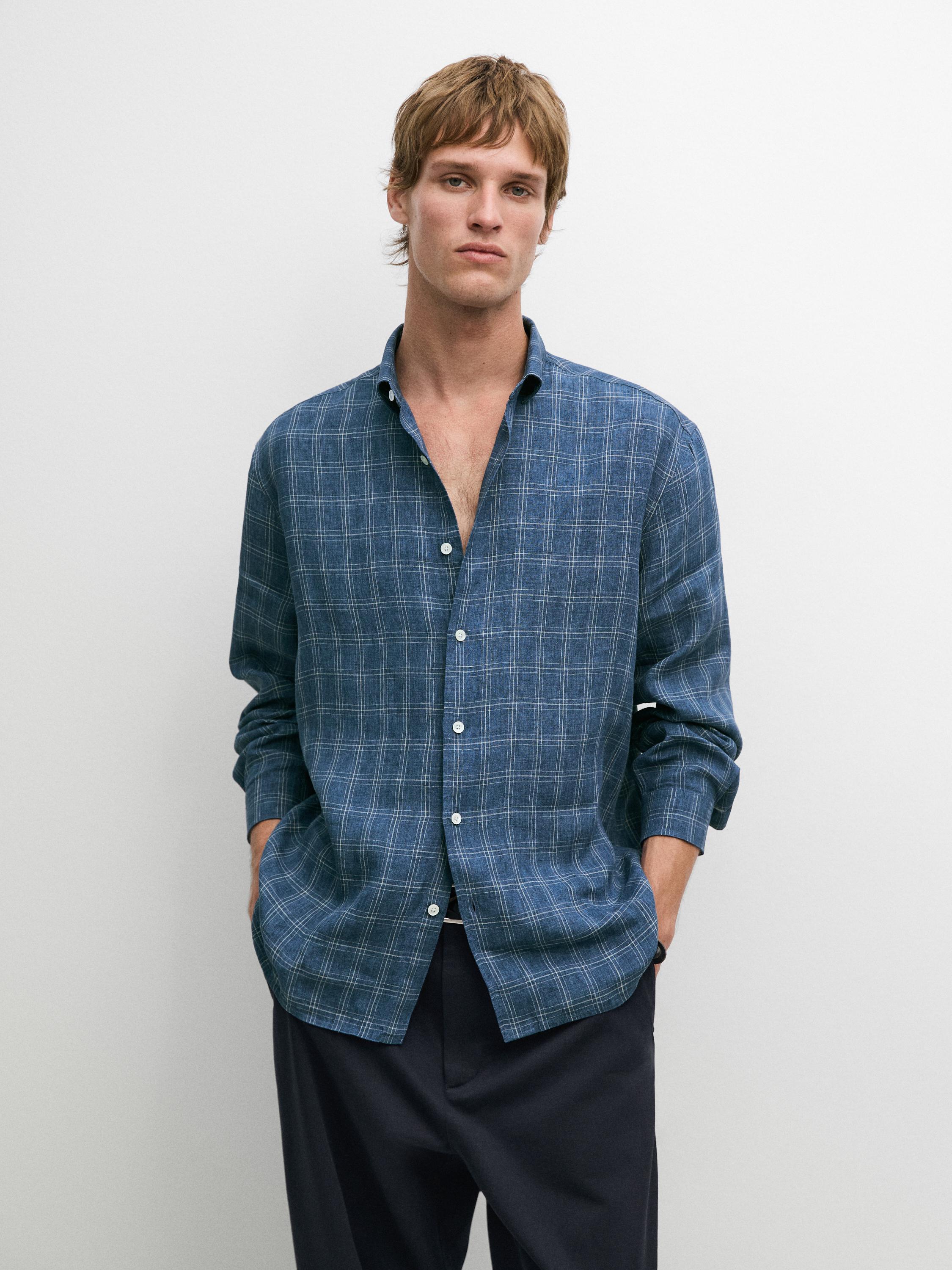 100% linen regular fit check shirt