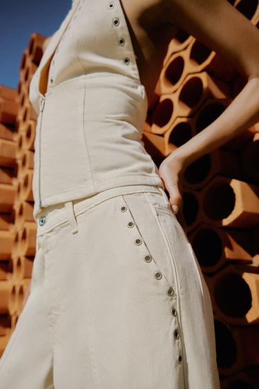 LOW-RISE EYELET STRAIGHT-LEG TROUSERS - Oyster-white by Zara - Image 4