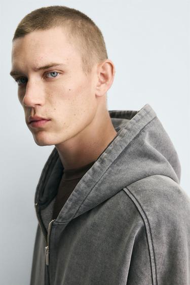 Zara 水洗拉鍊連帽運動衫 - 淺灰色