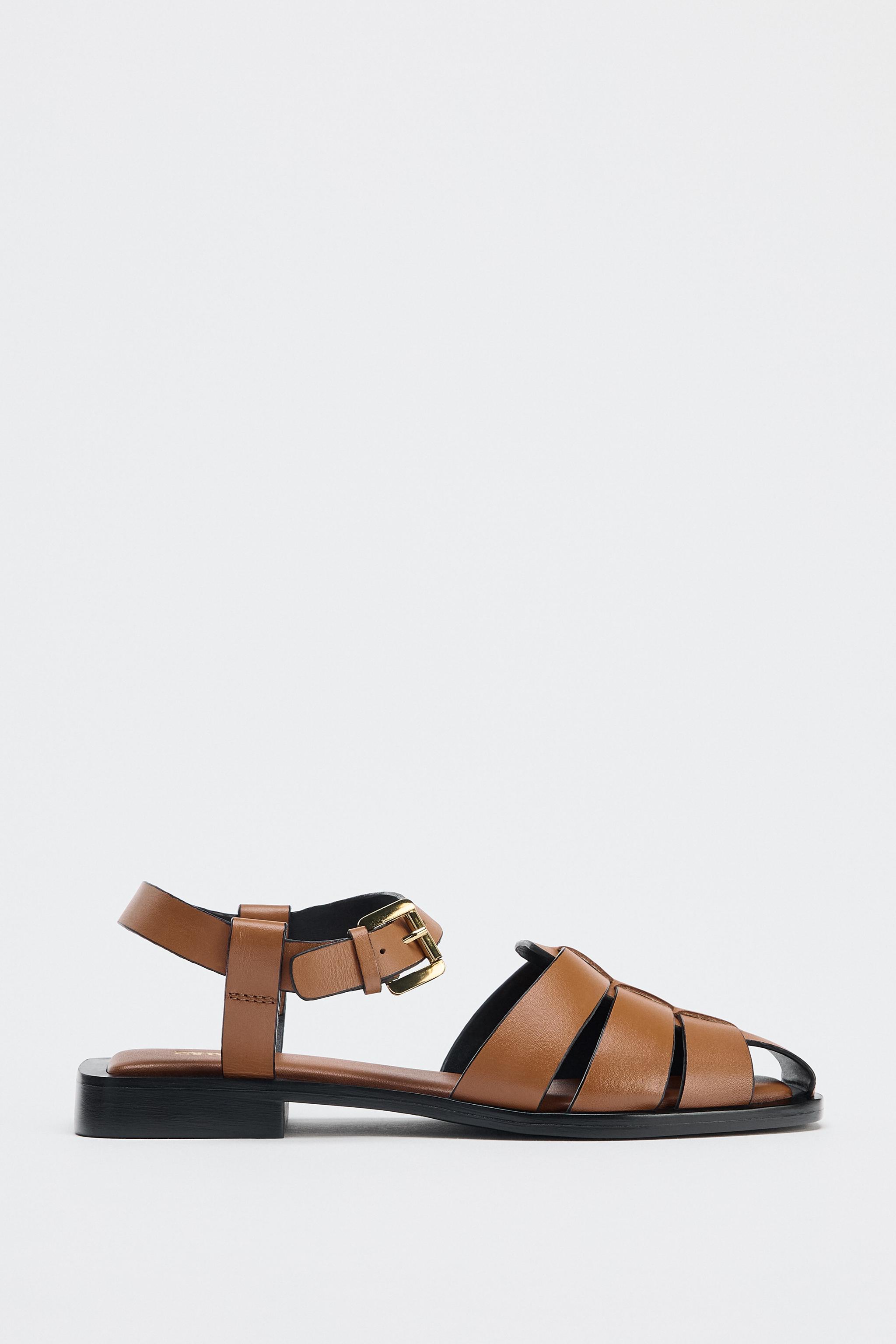 Ladies Sandals Zara Caged Sandals FLAT LEATHER CAGE SANDALS Brown