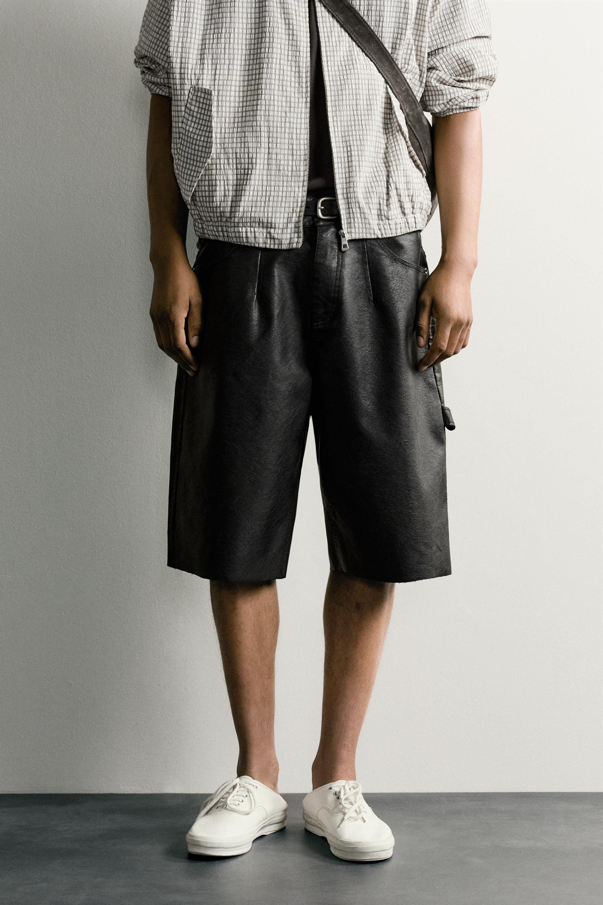 FAUX LEATHER RELAXED FIT SHORTS — Black