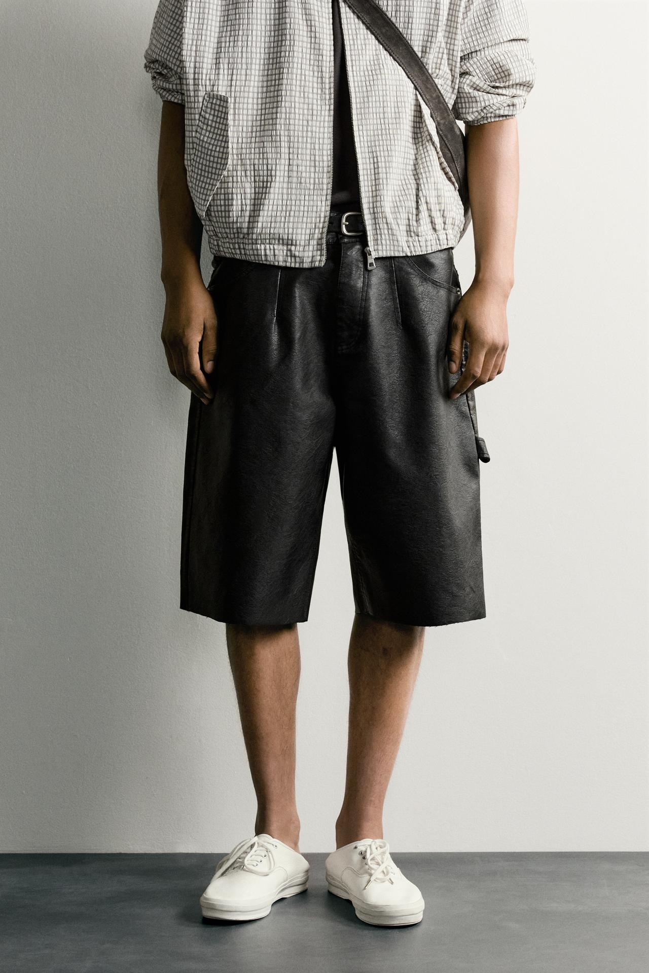 FAUX LEATHER RELAXED FIT SHORTS — Black