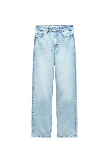 Front view of light blue jeans with front pockets and belt loops.