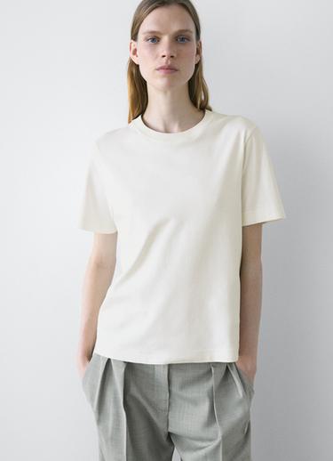 T-shirt interlock col rond 100 % coton - Écru de Zara