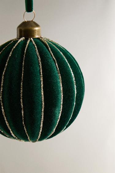 SPARKLY STRIPED BAUBLE CHRISTMAS TREE DECORATION - Green by Zara - Image 3