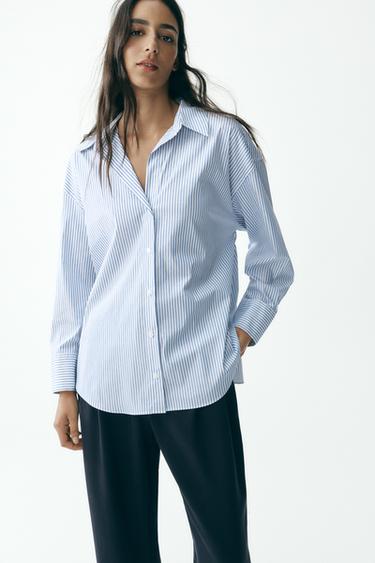 Zara SHINY STRIPED SHIRT - Navy / White
