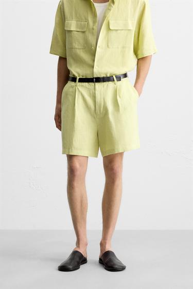 Zara 100% LINEN BERMUDA SHORTS - Lime green