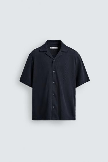 KOSZULA O PROSTYM KROJU Z TKANINY STRUKTURALNEJ - Niebieski ciemny Zara