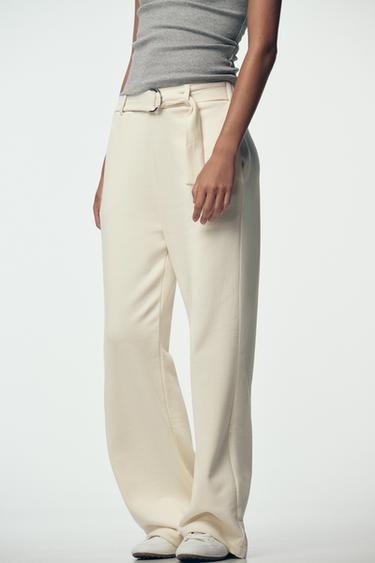 Zara RUSTIC BELTED PANTS - Ecru