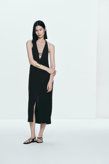 Zara 金色飾邊中長版洋裝 - 黑色
