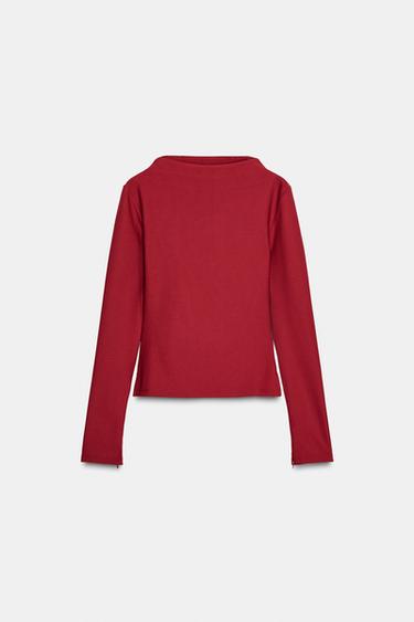 CREPE HIGH NECK T-SHIRT - Red by Zara