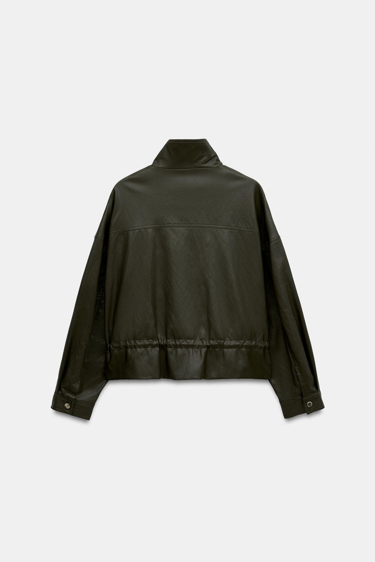 Женская куртка Zara Faux Leather Drawstring, цвет: Тёмный хаки — фото 7
