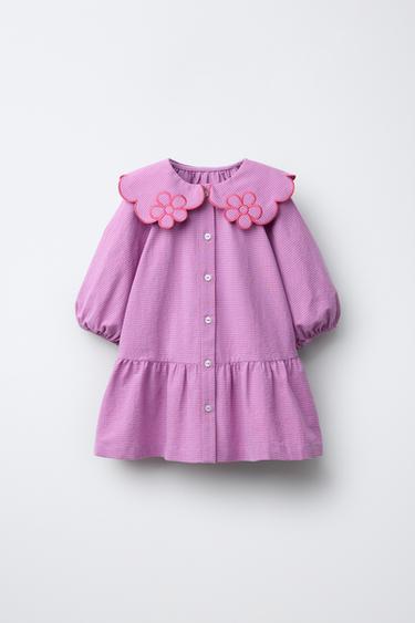 VESTIDO COM QUADRADOS VICHY E GOLA DE FLORES - Lilás da Zara - Imagem 0