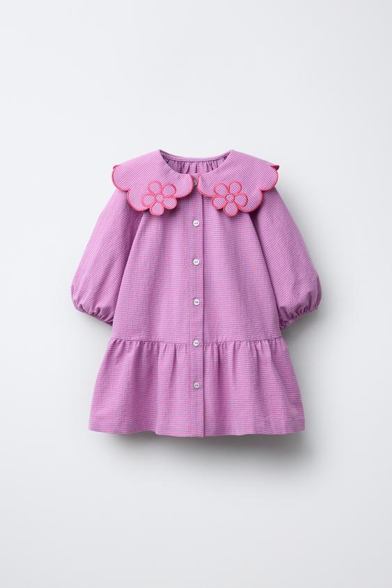 GINGHAM CHECK DRESS WITH FLORAL COLLAR - Lilac by Zara - Image 0
