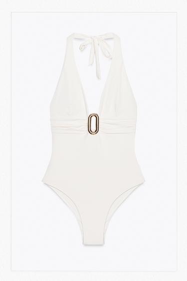 Zara HALTER SWIMSUIT WITH METAL DETAIL - Ecru