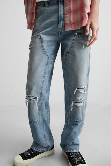 Zara STRAIGHT FIT RIPPED CARPENTER JEANS - Blue