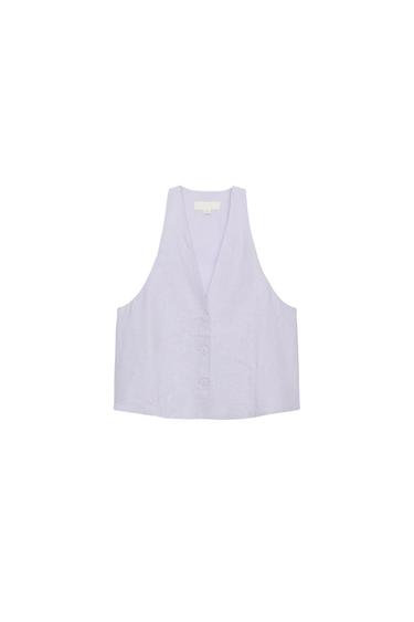 CHALECO BOTONES CON LINO - Lila de Zara