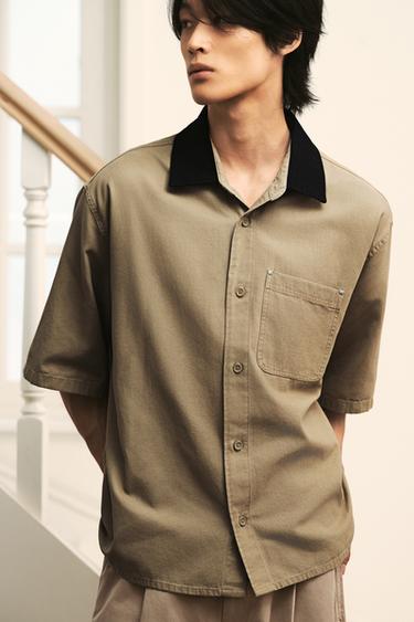 Zara 撞色領休閒版型襯衫 - 米色