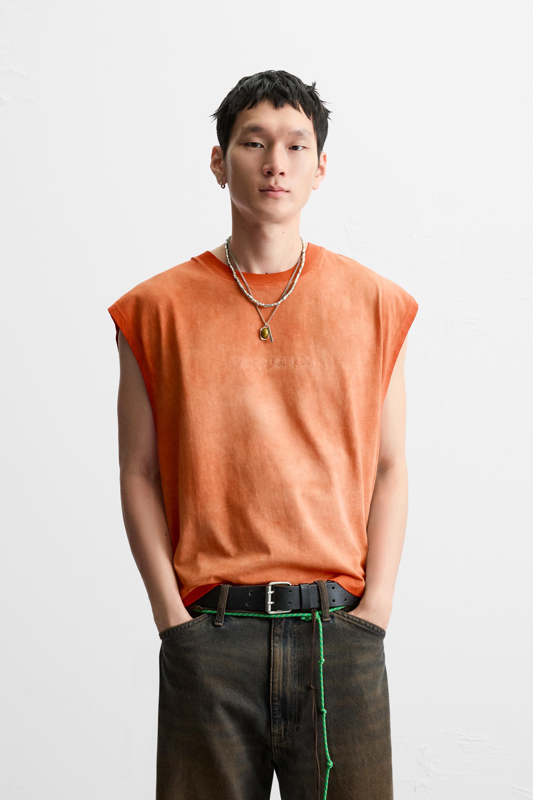 ウォッシュ加工刺繍入りタンクトップ - オレンジ色 | ZARA Japan