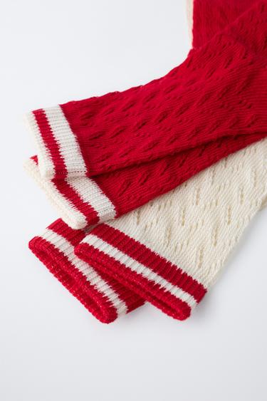 PACK OF TWO LONG CUTWORK STRIPED SOCKS - Ecru / Red by Zara - Image 2