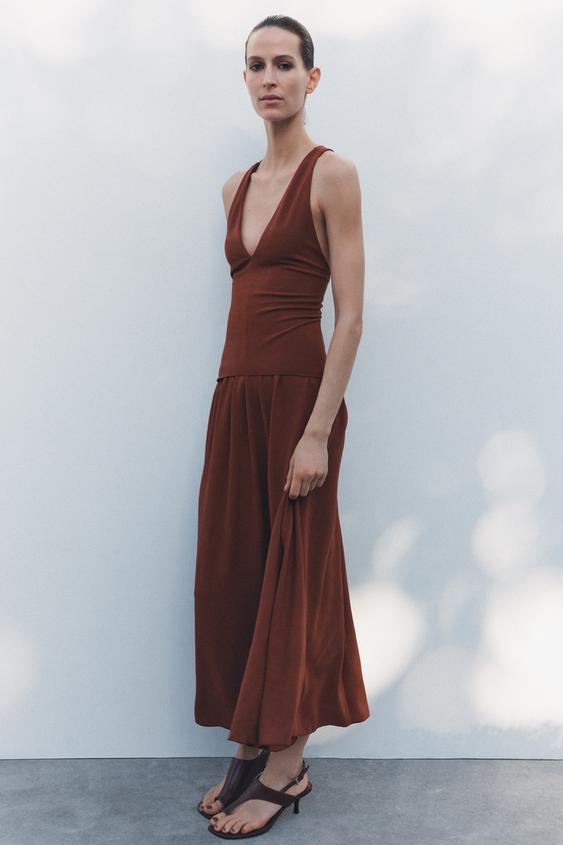 SARA LANZI サラランズィ ブラウン チェック柄 シルク ワンピース  