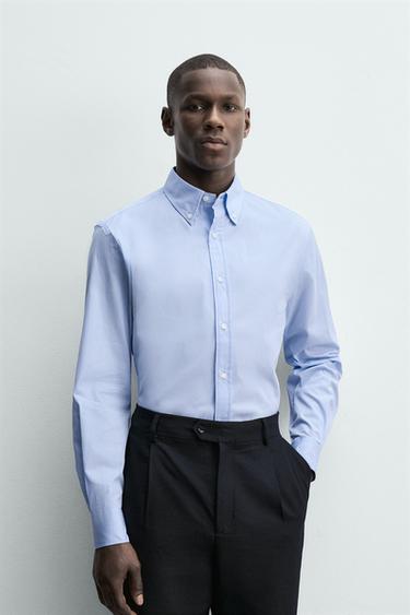 ÁO SƠ MI REGULAR FIT KẺ SỌC - Màu trắng/Xanh da trời từ Zara