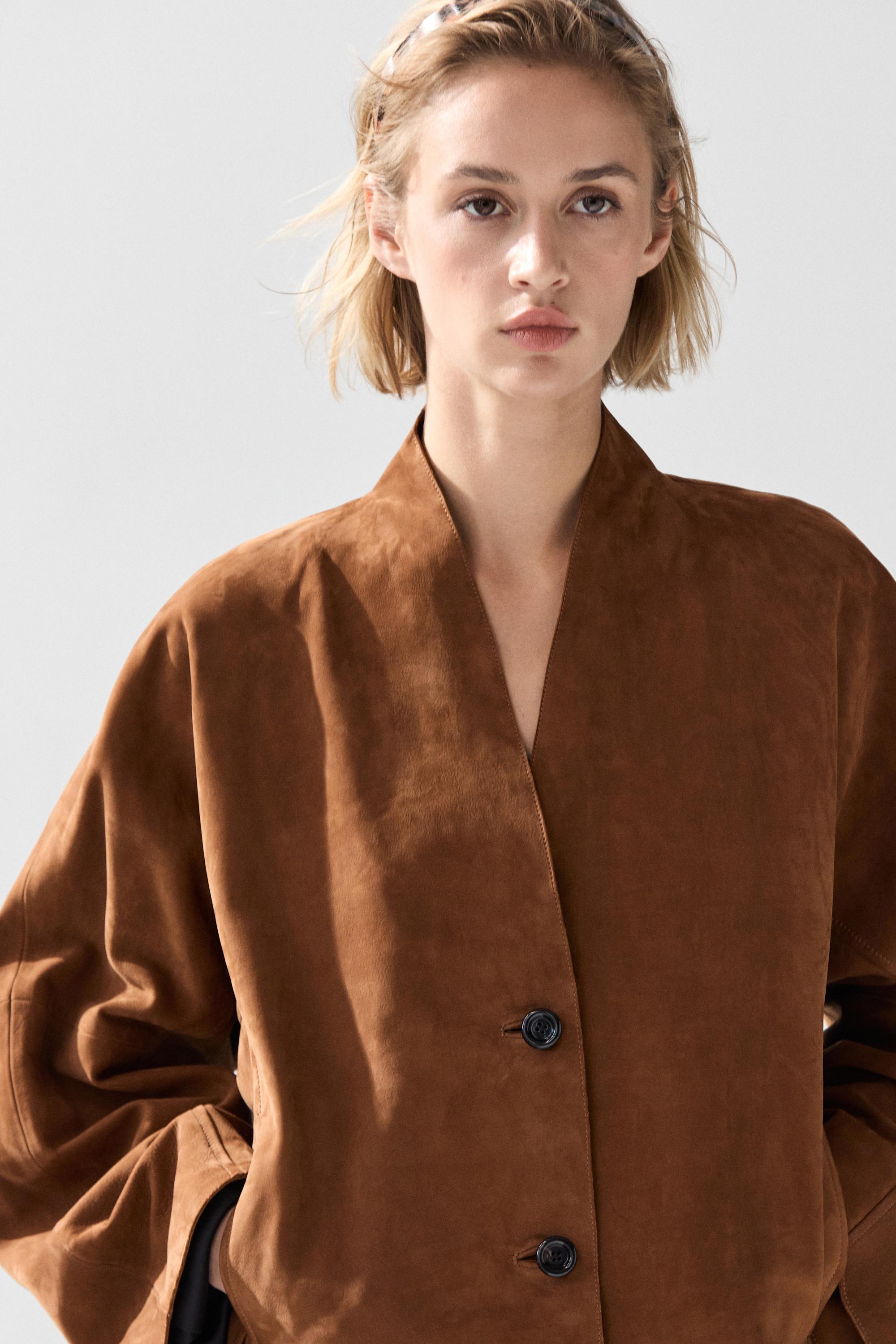 Suede V-neck balloon jacket — Dark mink