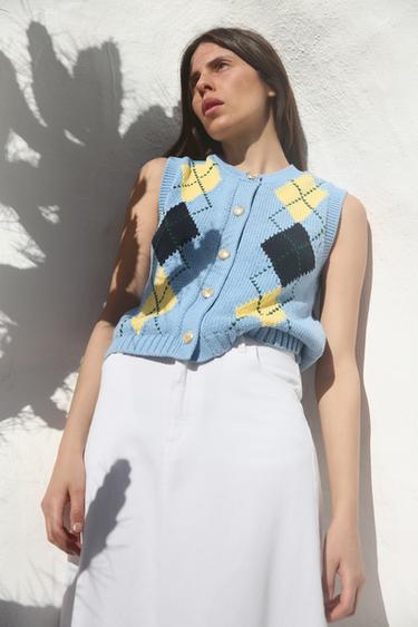 TOP COLETE DE TRICÔ COM LOSANGOS - Azul-claro da Zara