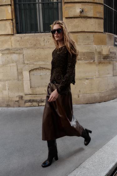 CROCHET LONG SLEEVE TOP - Dark brown by Zara
