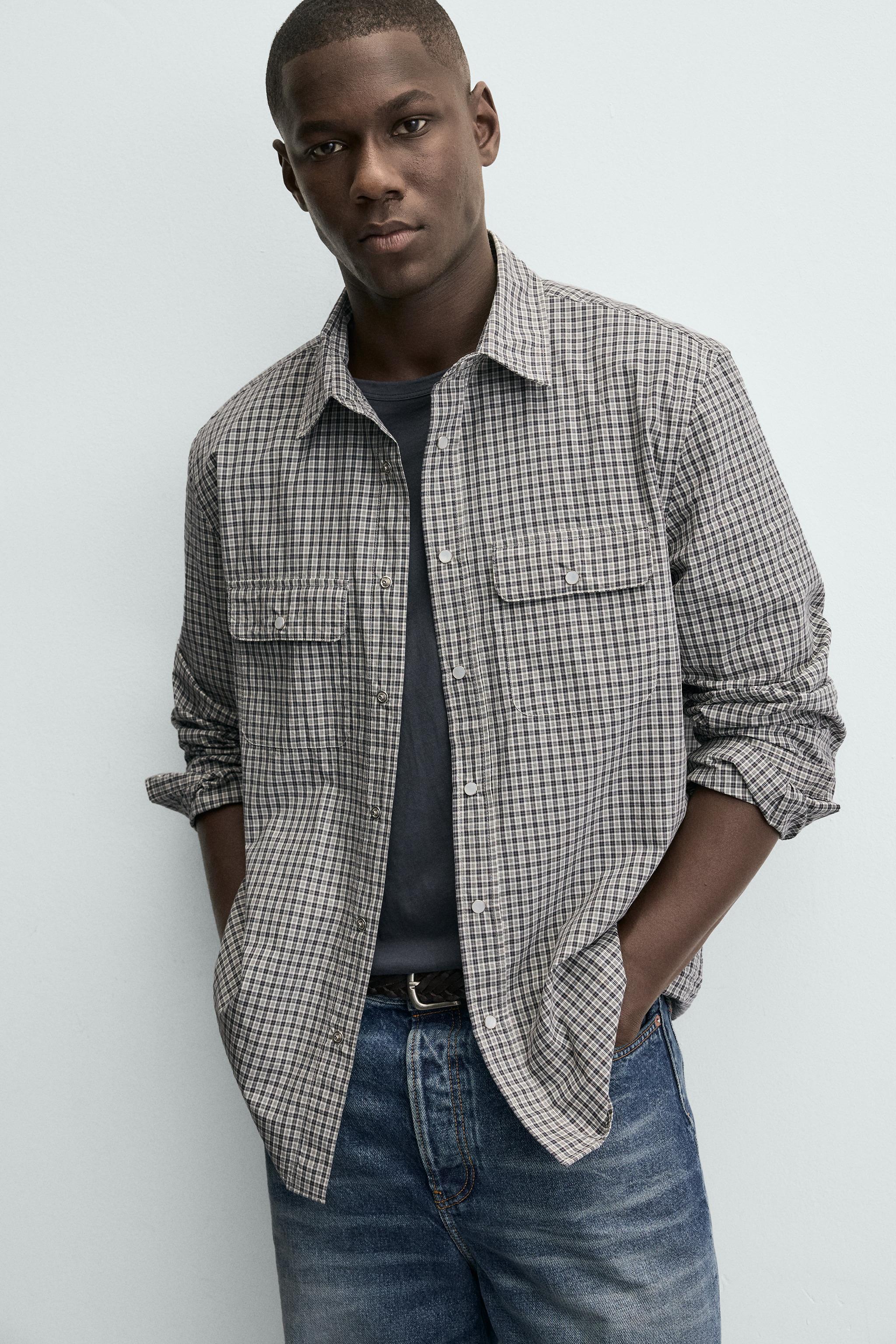 CHECK SHIRT WITH POCKETS - Grey / Tan | ZARA India