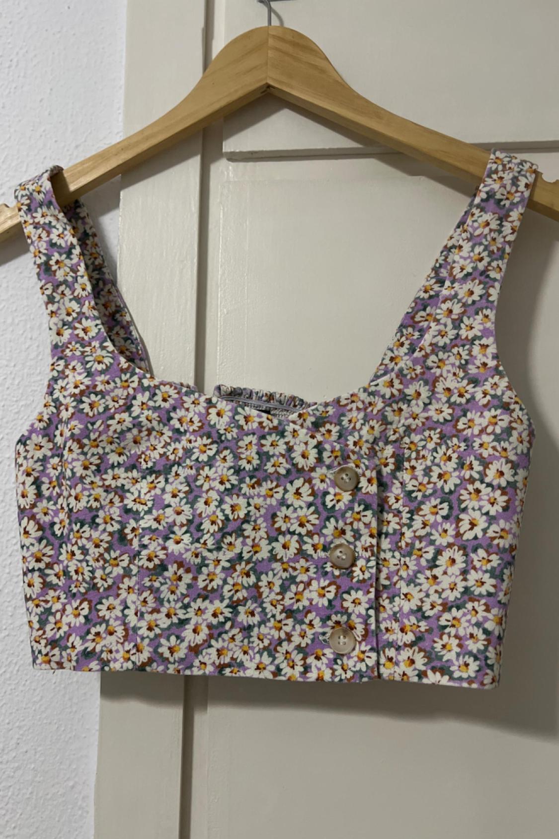 PRINTED LINEN BLEND CROP TOP