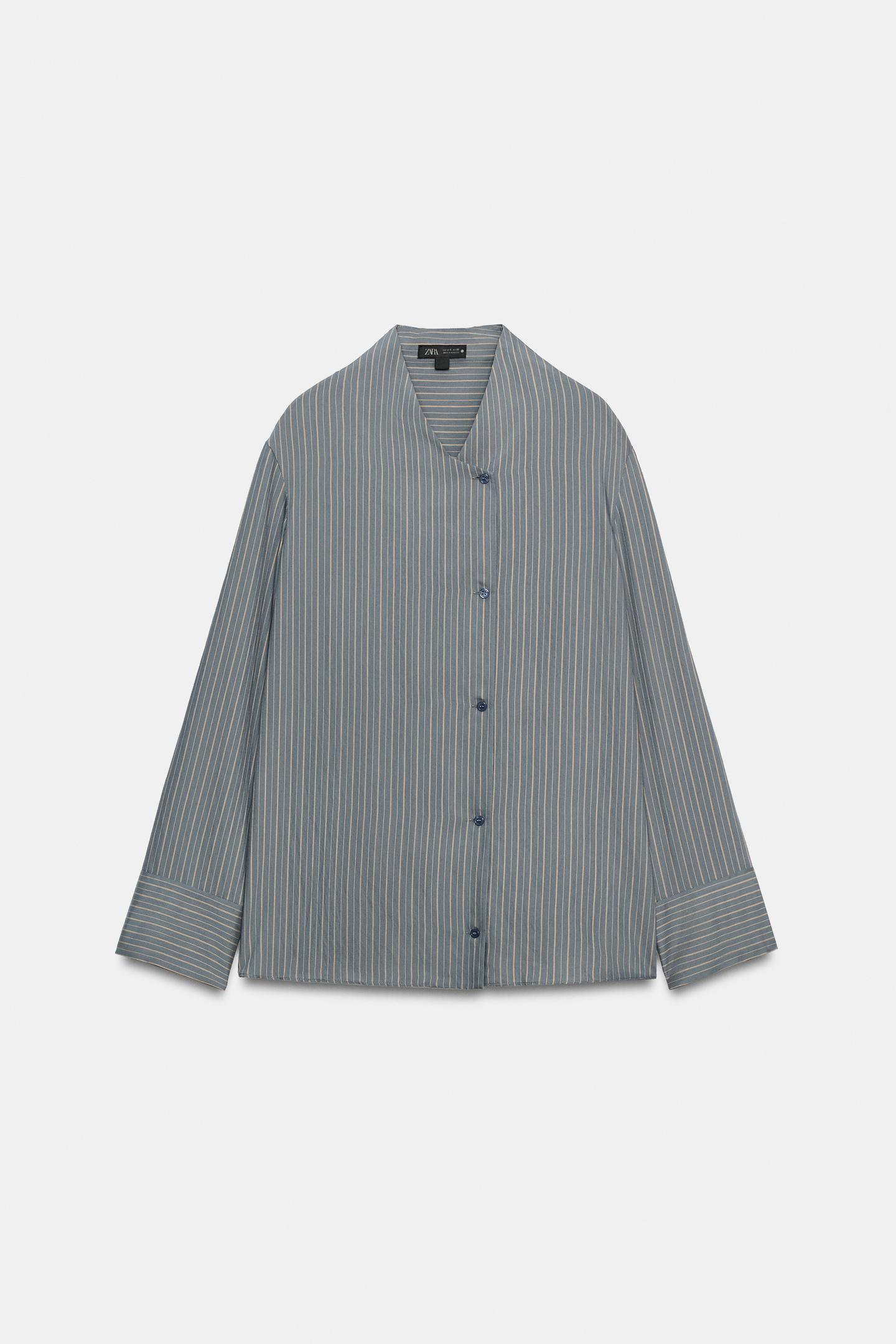 Женская рубашка Zara ZW Collection Striped Crossover, цвет: Серый / Рыжевато-коричневый — фото 6