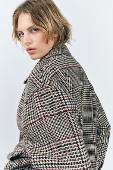 Zara ZW COLLECTION 格紋羊毛混紡飛行員外套 - 裸色 / 米色