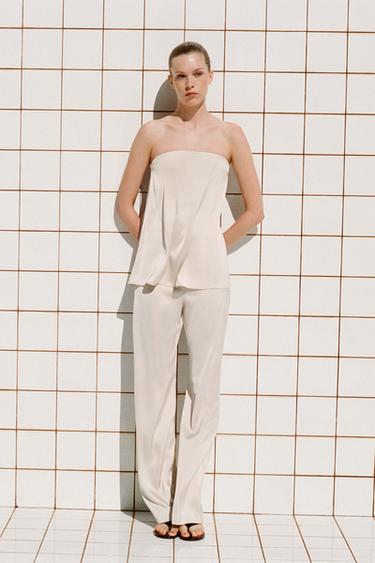 PANTALON SATINÉ TAILLE HAUTE - Gris / Beige de Zara