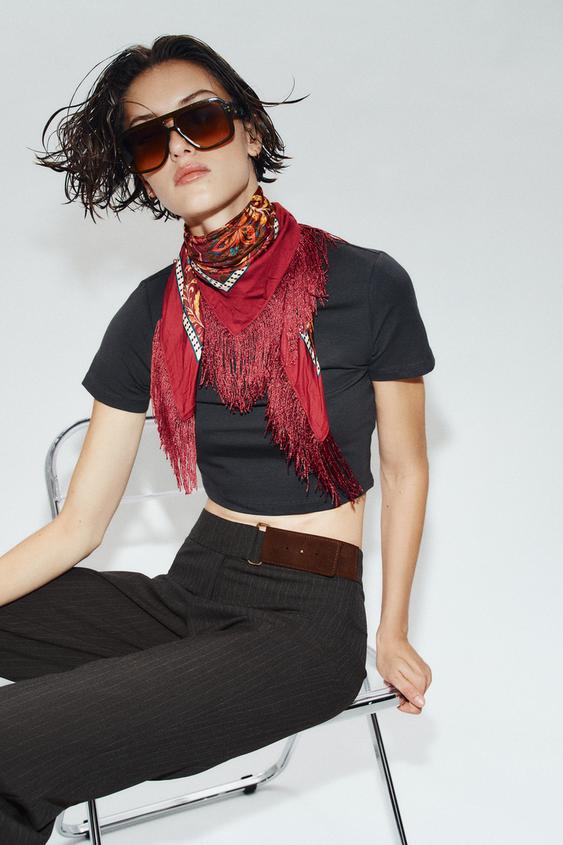 FLORAL PRINT SILK BLEND SCARF WITH FRINGE - Red by Zara - Image 0