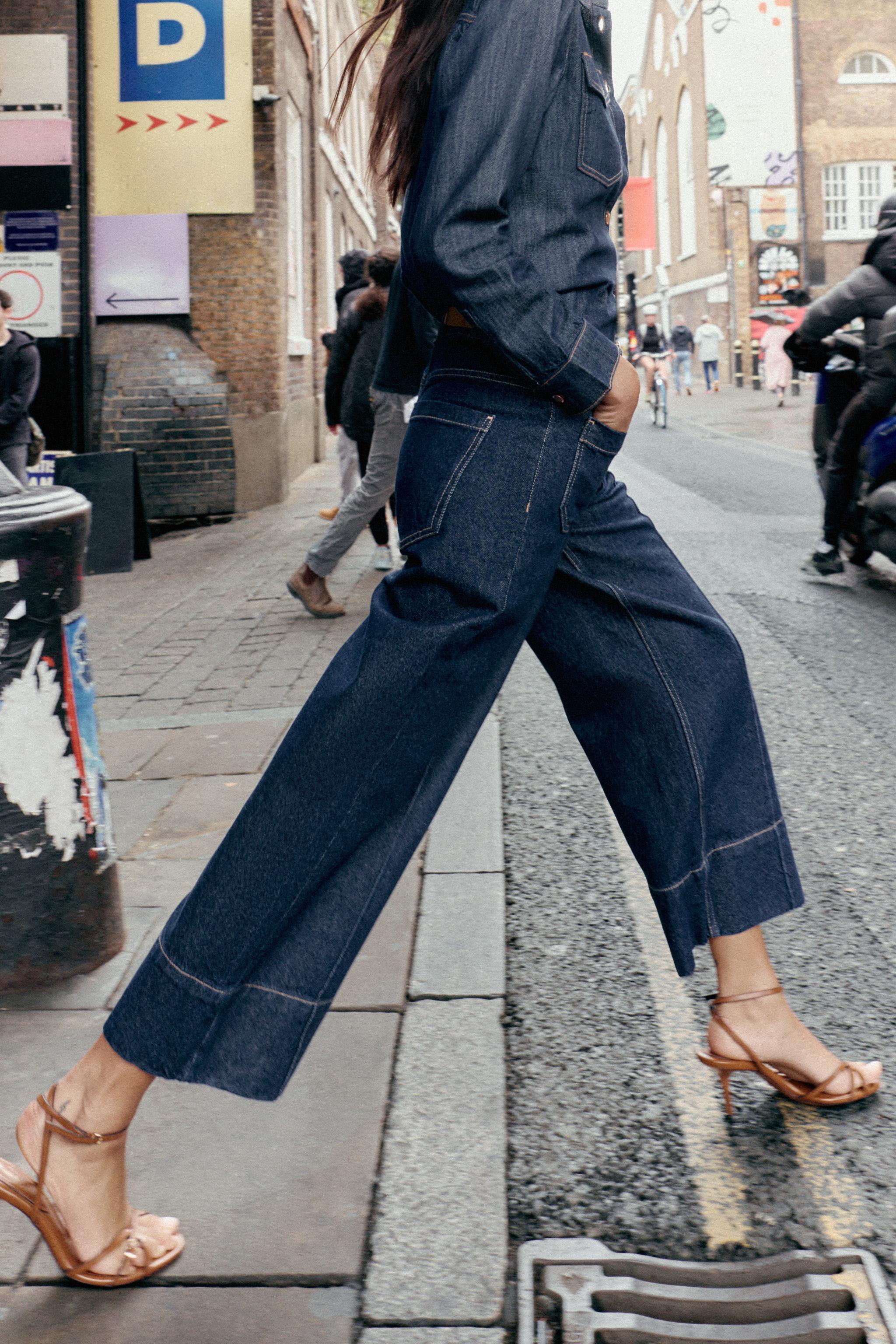 JEANS Z1975 WIDE LEG クロップド ハイウエスト ベルト - ブルー