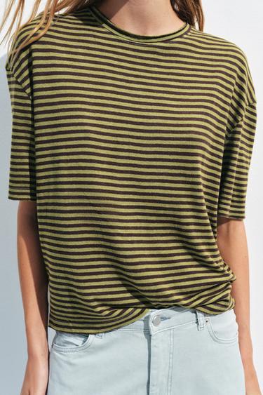 T-SHIRT À RAYURES RUSTIQUE - Marron / Vert de Zara - Image 3